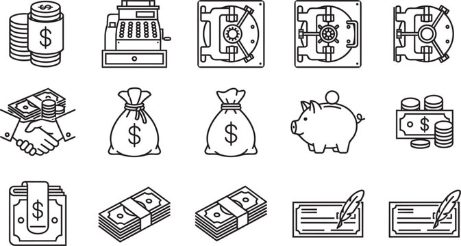 Set of financial and banking line icons featuring stacks of coins, cash registers, safes, money bags, piggy banks, and signed bank checks