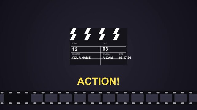 Film clapperboard with digital display animation counting down to action cinematic footage for video production