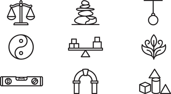Set of nine black and white line icons representing balance, zen, measurement, and geometric shapes in a clean linear style