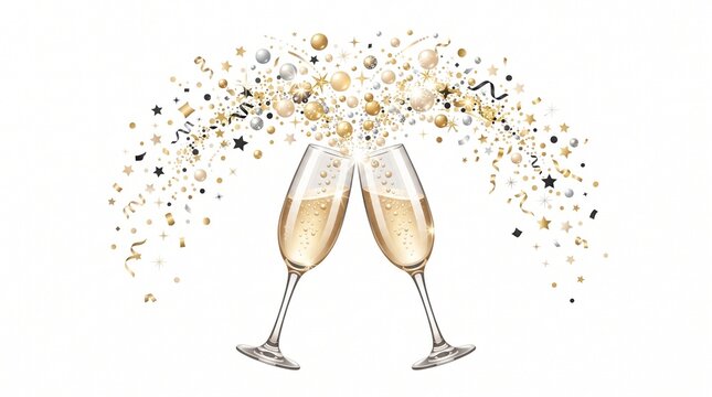 Champagne flutes clinking for a New Year toast with golden confetti and stars isolated on white background