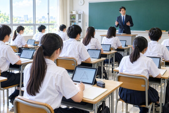 タブレット端末を使い教師の解説を聞く現代の日本の高校の授業風景３