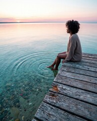 Fototapeta premium Black woman with afro hair sitting on wooden pier dipping feet in clear lake water during sunset, capturing peaceful mindfulness and solitary reflection for mental wellness and self-care.