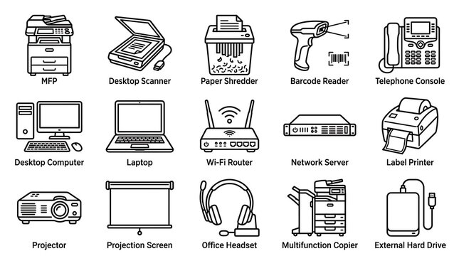 Modern Office Tech Icons Line Art