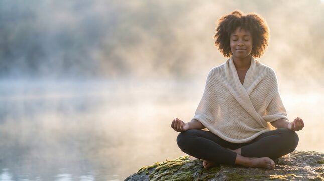 Black woman with afro hair meditating in lotus position on a rock by misty lake, capturing serene mindfulness and mental health concept for wellness retreat and yoga studio marketing design.