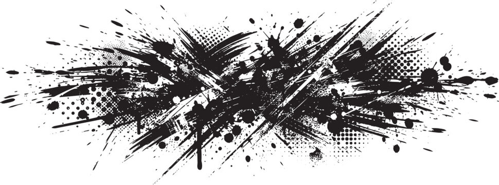 Abstract black ink splatter banner with halftone dot texture and grunge brush strokes, isolated on a white background, for layouts