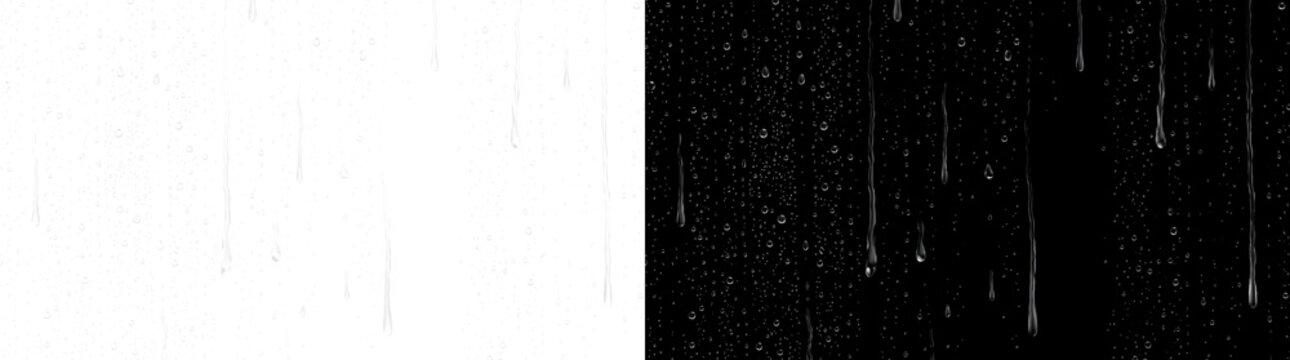 Scattered rain droplets trickle down a glass surface in fine vertical streams using PNG, Transparent and Black Background Versions for overlay use