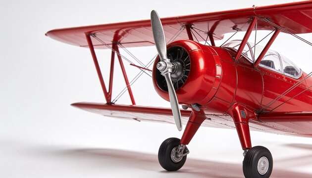 Vintage red biplane model showcasing classic propeller and dual wings in studio setting