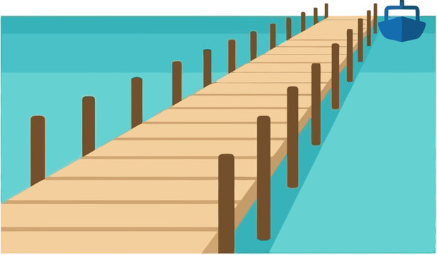 Minimalist flat vector illustration of a wooden pier and boat on water
