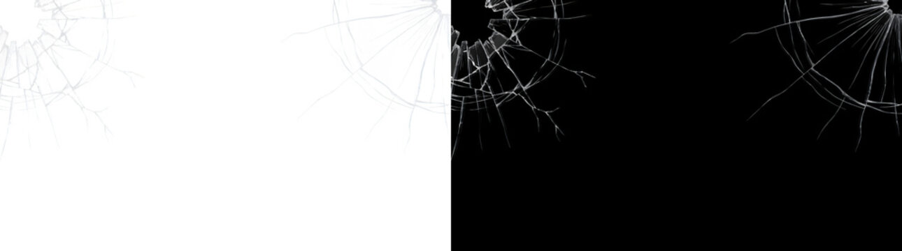 Shattered glass with radiating fractures concentrated across both top corners of the surface using PNG, Transparent and Black Background Versions