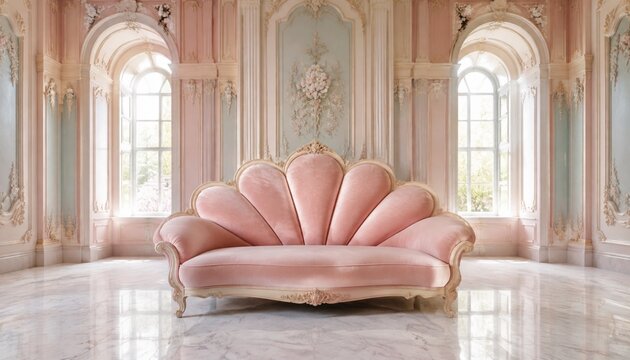 Elegant pink shell sofa in ornate pastel interior