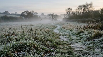 Naklejka premium Frosty morning landscape with a path through a foggy meadow and trees at sunrise