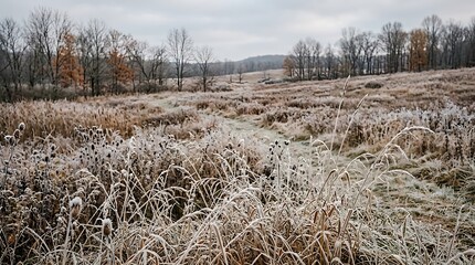 Naklejka premium Frosted Dry Grass in a Rural Meadow During a Cold Winter Morning with Bare Trees and Gray Sky
