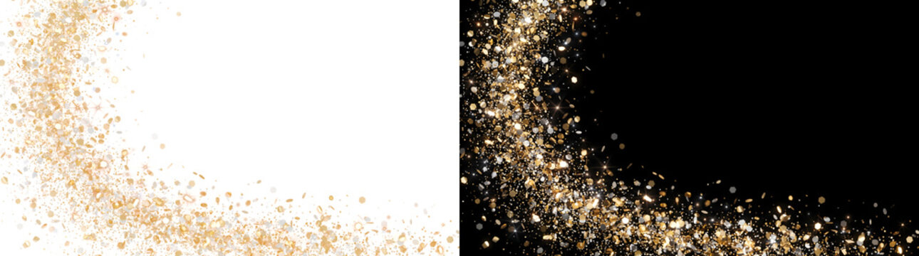 Glitter in a curved sweep of gold and silver sequins with sparkling stars for festive designs in PNG, Transparent and Black Background Versions