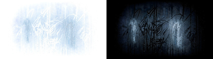 Fototapeta premium Window glass with water droplets and eerie scribbles for horror scenes in PNG, Transparent and Black Background Versions