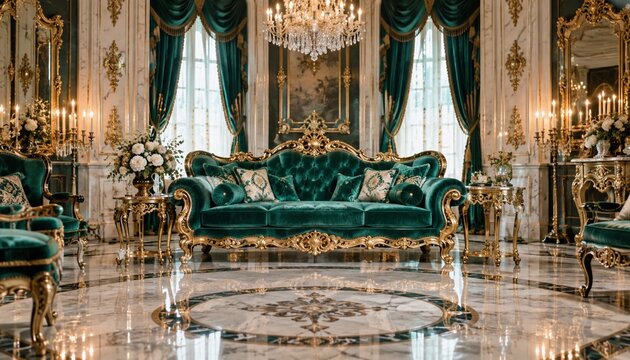 Opulent emerald velvet sofa in luxurious classical interior