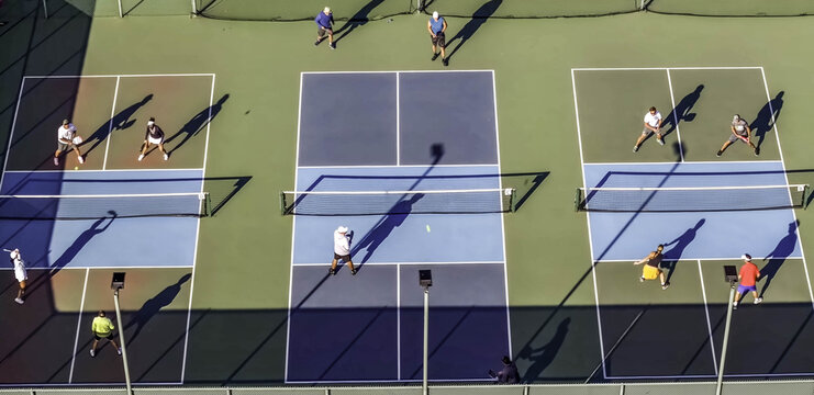 Los Angeles, CA, United States - 05 October 2026: Aerial view of three pickleball courts with people actively playing games, casting long shadows on the colorful court surfaces.