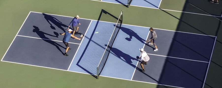 Los Angeles, CA, United States - 05 October 2026: Aerial view of a pickleball foursome playing a match on a blue and green court with long shadows cast by the players in the bright sunlight.