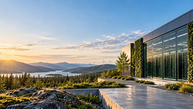 Sustainable data center facility with green walls overlooking mountain landscape at sunset renewable energy concept