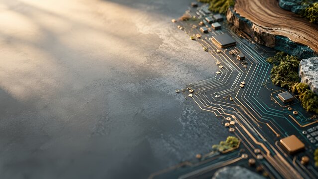 Abstract digital circuitry merged with natural rock and moss texture for future technology hardware design background