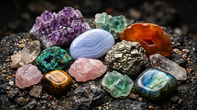 Assorted polished gemstones and minerals arranged on dark volcanic rock texture for geological study