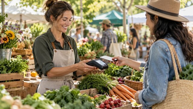Woman paying for fresh organic vegetables at local farmers market with mobile phone payment technology