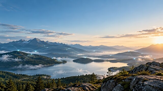 Global digital connectivity network over scenic mountain lake landscape during golden sunset