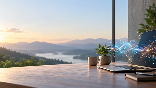 Modern workspace laptop desktop setup with digital network waves and scenic mountain lake view background
