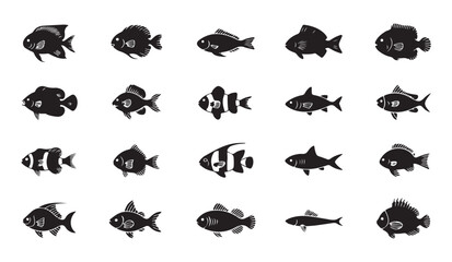 Fototapeta premium Fish silhouettes vector set black aquatic creatures for logo design and marine wildlife graphic resource illustration.