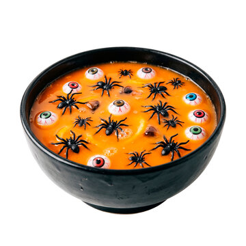 Spooky Halloween punch bowl filled with creepy eyeballs and plastic spiders for a festive party drink PNG Isolated on transparent background