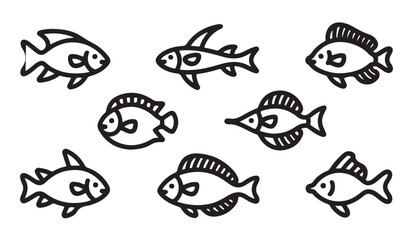 Fototapeta premium Set of minimalist black outline fish icons with distinct species shapes for marine graphic illustrations.