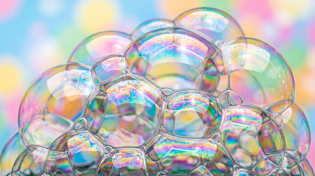 Colorful soap bubbles floating in vibrant overlapping clusters with rainbow reflections