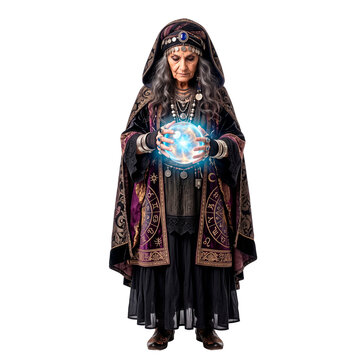 Mysterious fortune teller woman with glowing crystal ball predicting future on Halloween night PNG Isolated on transparent background