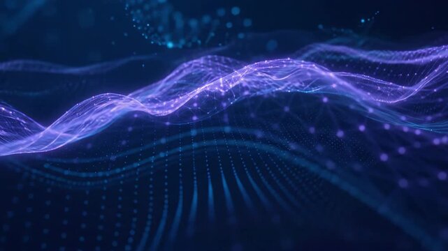 Digital technology grid flowing across abstract cyberspace background with glowing lines and points forming futuristic network connectivity waves in dark space.