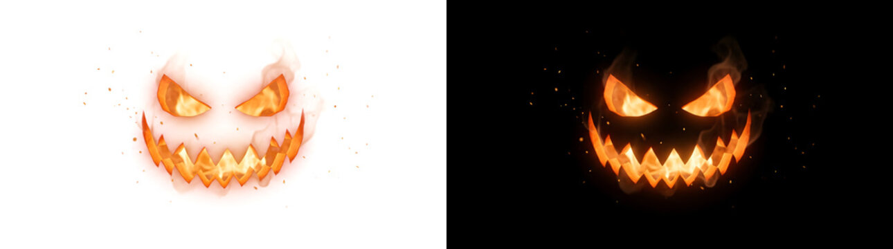 Pumpkin with angry flaming eyes and a jagged fiery smile for Halloween posters in PNG, Transparent and Black Background Versions