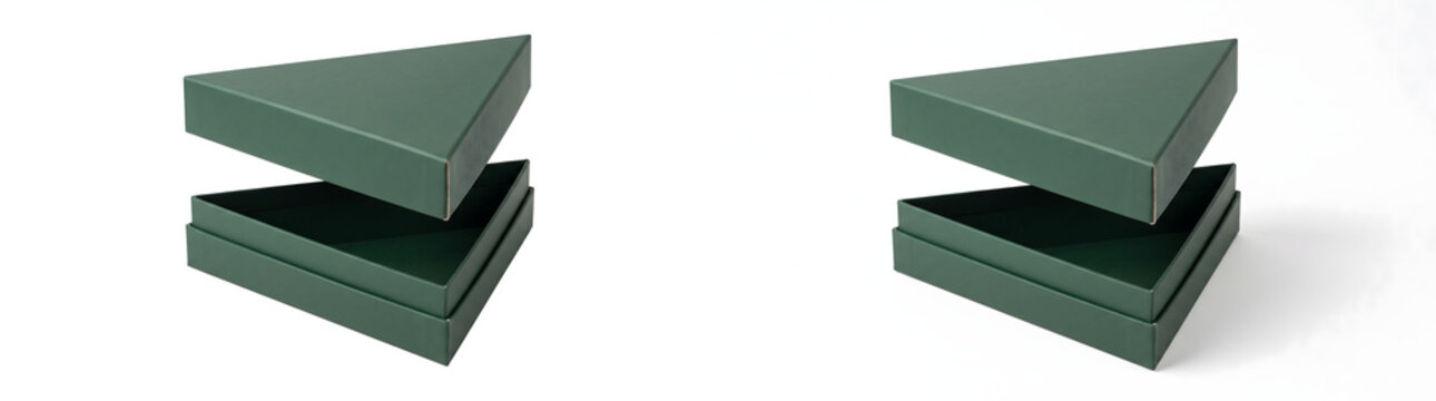 Triangle gift box in matte forest green with a lid floating above the open base on a clean white background for luxury packaging mockups