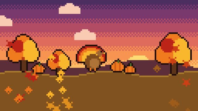 Pixel art autumn sunset with a cartoon turkey hopping between orange trees and pumpkins while pixel leaves fall in a seamless loop