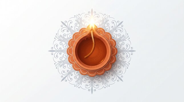 Traditional glowing clay diya oil lamp decorated with intricate mandala patterns for diwali festival celebration