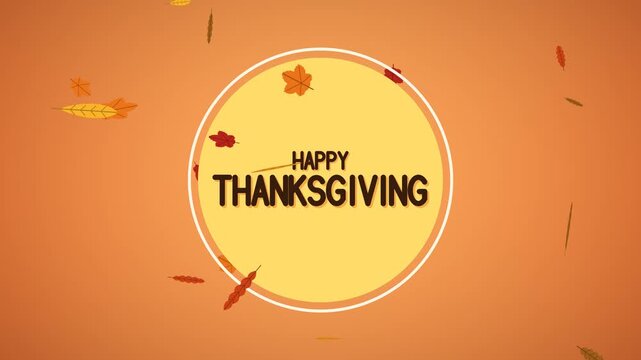 Happy Thanksgiving greeting card with the text inside a yellow circle and a white ring while autumn leaves fall across a warm orange background