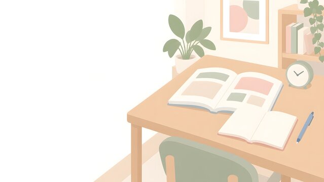 Study Materials with Textbook, Notebook, Pen, and Clock on Desk for Qualification Study