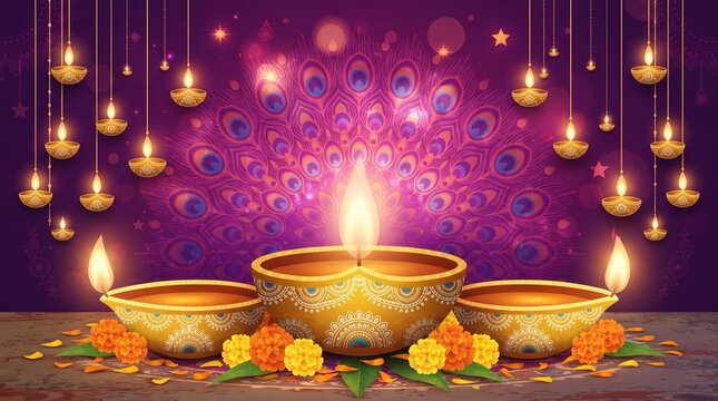 Glowing diya oil lamps decorated with bright marigold flowers for traditional Indian festival celebration