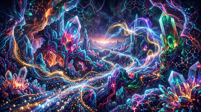 Glowing crystalline structures with flowing light energy in a fantasy landscape