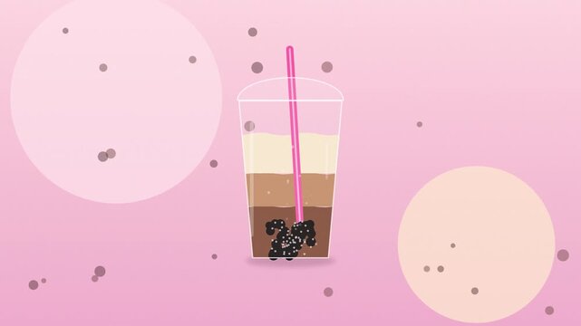 Animated bubble tea with brown sugar boba pearls inside plastic cup on soft pink background motion graphic