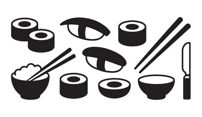 Collection of black sushi and dining icons including maki rolls nigiri rice bowls and cutlery for restaurants. © VANU