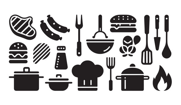 Kitchen tools and cooking utensils black silhouette collection for restaurant menu or culinary equipment.
