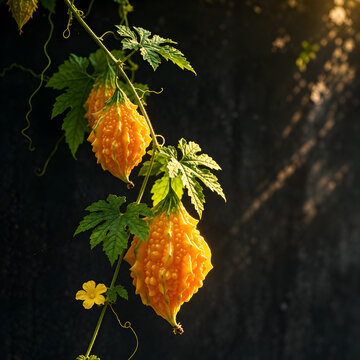 Yellow bitter gourd fruits hanging on vine against dark background with sunlight