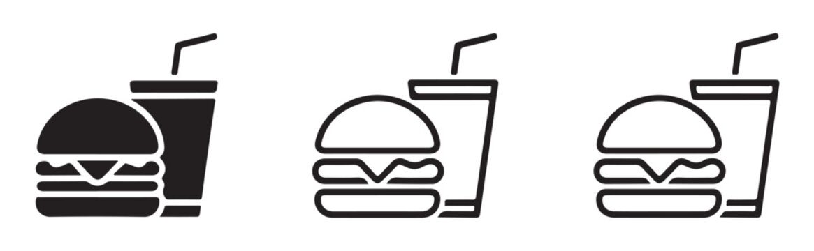 Delicious hamburger and soft drink icon set in solid black and outlined vector styles for menu graphics.