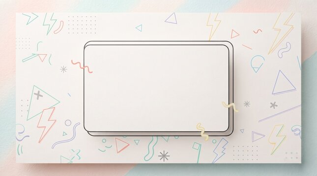 Blank white rectangular plaque centered on a surface with delicate hand drawn geometric line art geometric lines minimalist design pastel background abstract doodles