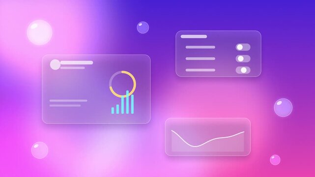 Animated user interface panels with data charts and toggle switches hovering over soft purple neon background