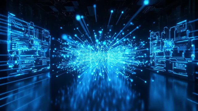 Digital technology network displaying glowing blue data streams flowing through cyber space, representing advanced communication systems and future innovation connecting global information servers.