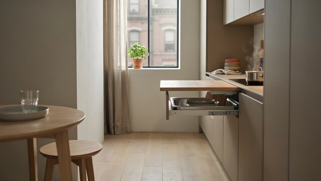 Minimalist kitchen interior with a pullout countertop extension and compact dining area